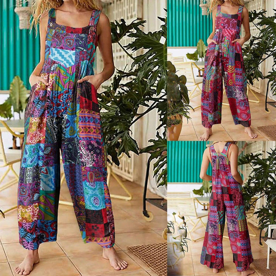 Women Jumpsuits Summer Overalls Multicolor Ethnic Style Square Neck Sleeveless Casual Rompers with Pockets for Girls Playsuit-THAT FASHION STORE