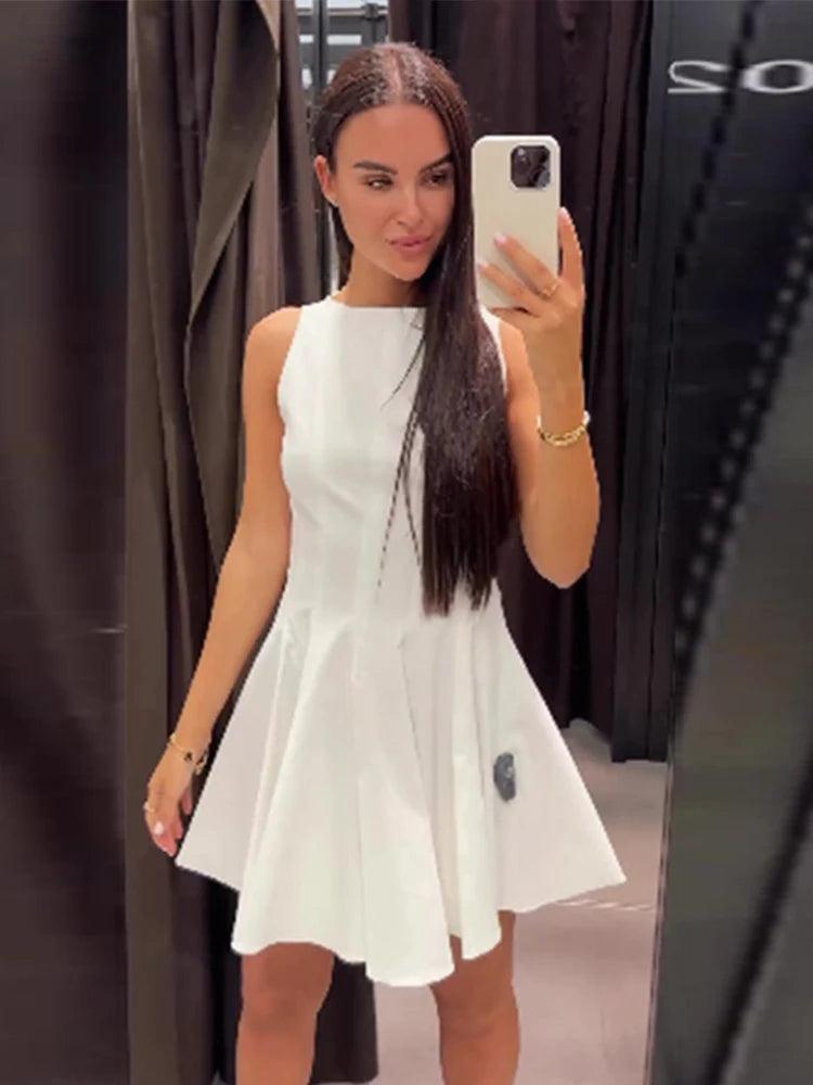 Elegant Pleated Dresses Women White Slim O-neck Sleeveless Empire A-line Mini Dress Female 2024 Summer Fashion Lady Robe-THAT FASHION STORE