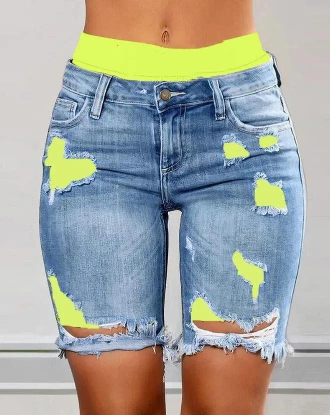 2023 Elegant Summer New Fashion Women's Colorblock Letter Print Ripped 2-In-1 Denim Skinny Shorts Female Casual Bottom-THAT FASHION STORE