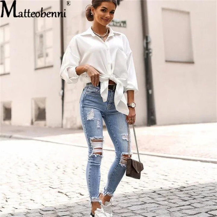 2024 New Summer Ripped Light Blue Jeans Women's Slim Knee Cut Hole Length Casual Pencil Pants Retro Jeans-THAT FASHION STORE