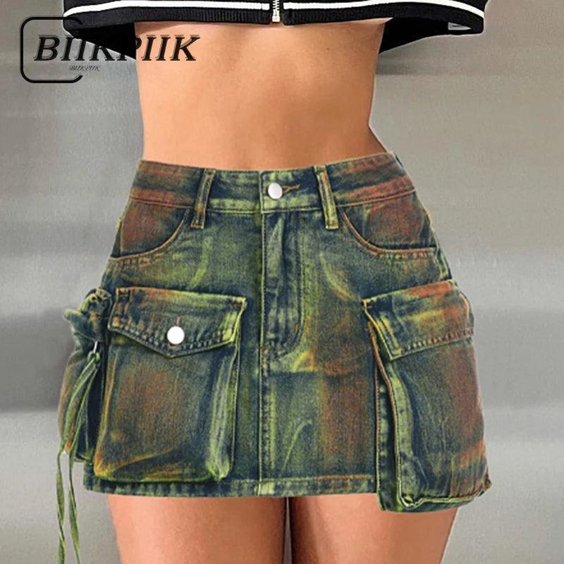 BIIKPIIK Women Asymmetrical Pockets Denim Skirts Sexy Fashion High Waist Skirts Female Clubwear Concise Y2K All-match Outfits-THAT FASHION STORE