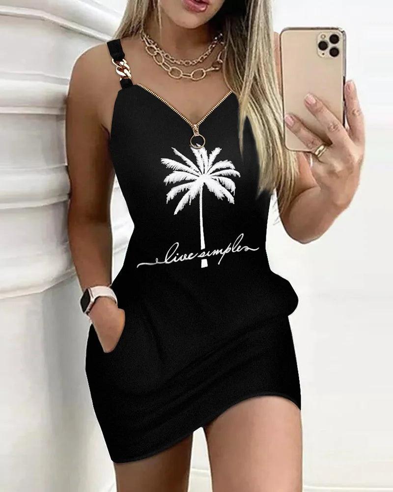 Women's Dresses Summer Fashion Coconut Tree Print Chain Decor Casual V-Neck Sleeveless Mini Straight Dress DF4985-THAT FASHION STORE