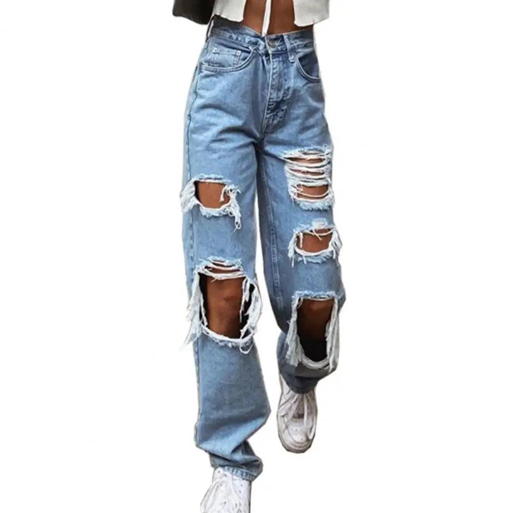 Women Jeans Zipper Fly Wide Leg Lady Denim Pants High Waist Women Denim Trousers No Stretch Women Ripped Loose Fit Jeans-THAT FASHION STORE