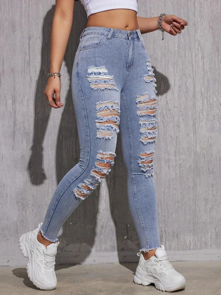 Women Stretch Skinny Ripped Jeans Lady High Waist Hole Denim Pants Zipper Button Fly Pockets Solid Color Denim Pencil Trousers-THAT FASHION STORE