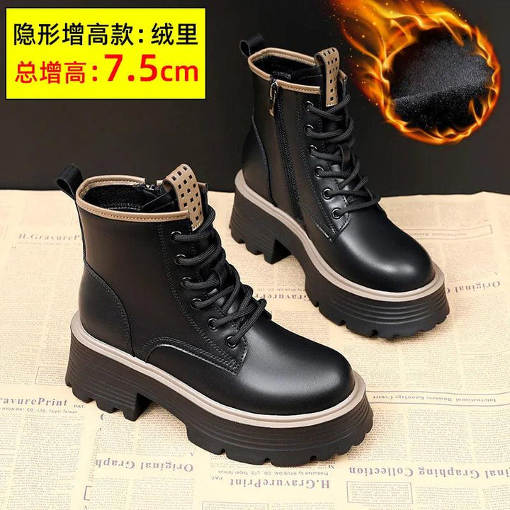 Women Shoes Boots Ankle 2022 New Autumn British Wind Genuine Leather Thick With Fur Ladies Short Boots Motorcycle heels boots-THAT FASHION STORE