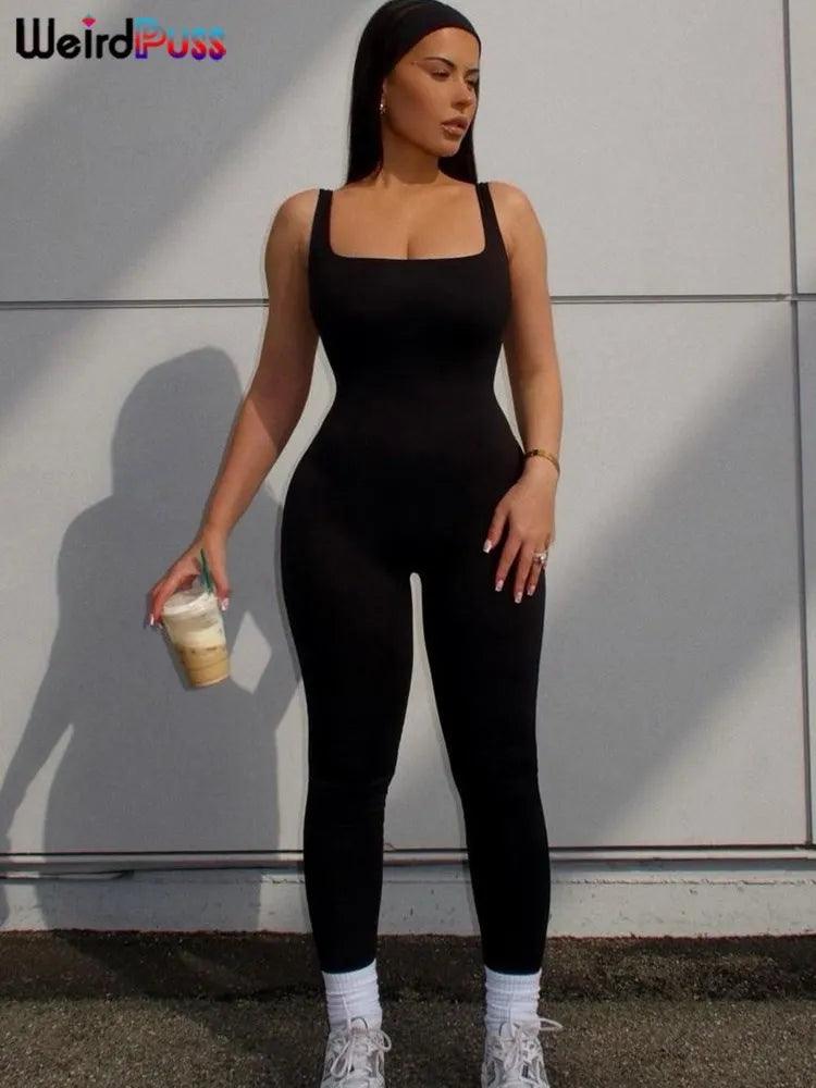 Weird Puss Skinny Sleeveless Women Jumpsuit One Pieces Low Chest Solid Summer Fashion Streetwear Club Sporty Overalls Bodycon-THAT FASHION STORE