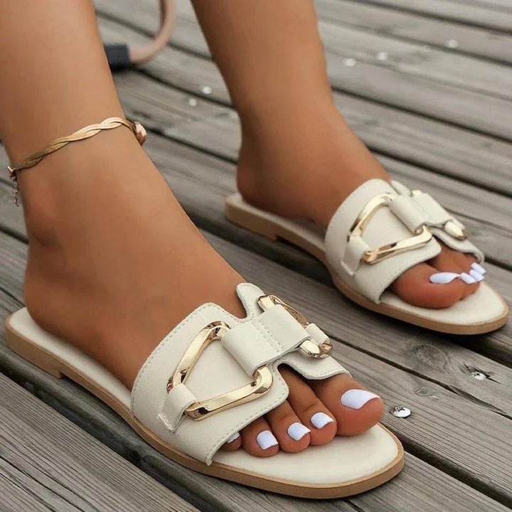 Women Metal Decor Single Band Flat Sandals Fashion Sexy Open Toe Outdoors Slides Luxurious Office Ladies Party Female Shoes-THAT FASHION STORE