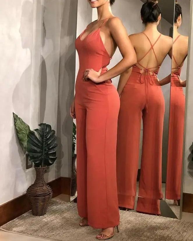 Sexy Women's Jumpsuit 2024 Spring/summer V Neck Solid Color Plain Halter Backless High Waist Loose Wide Leg Overall for Women-THAT FASHION STORE