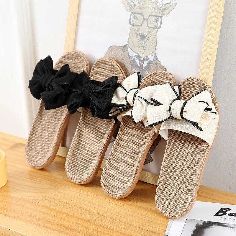 Women Summer Casual Slides Comfortable Flax Slippers Striped Bow Linen Flip Flops Platform Sandals Ladies Indoor Shoes-THAT FASHION STORE