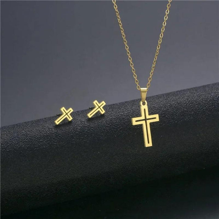 New Stainless Steel Heart Cross Pendant Charm Necklace & Earrings Hollow Chian Choker Jewelry Set For Women Accessories Gift-THAT FASHION STORE