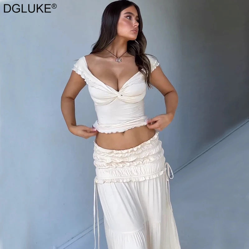 DGLUKE Women's 2024 Summer Bohemian Crop Top and Ankle-Length Skirt Set for Beach Holidays - THAT FASHION STORE