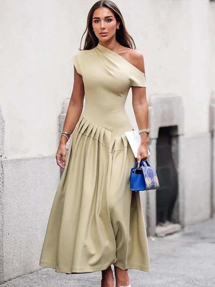 Elegant Off Shoulder Dress For Women Summer Short Sleeve Fold Long Dresses Female 2024 Fashion Solid Holiday Lady Vestidos-THAT FASHION STORE