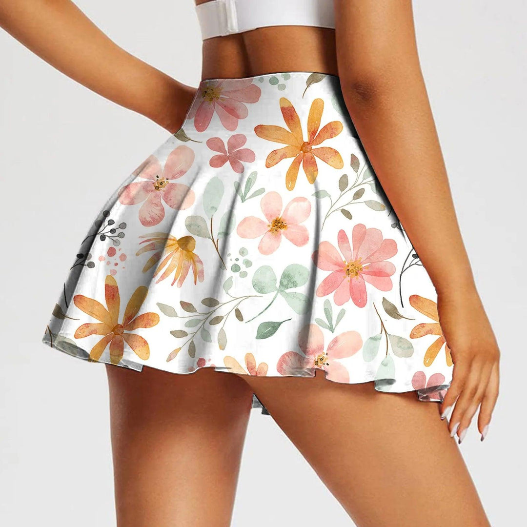 Ladies High Waisted Tennis Skirts Pleated Floral Printed Sports Fitness Skirts High Waisted Tennis Skirts Pleated Skorts Skirts-THAT FASHION STORE