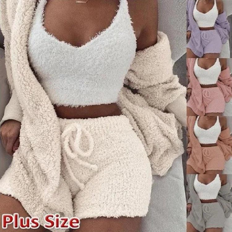 Fluffy Pajamas Set for Women Casual Sleepwear Tank Top and Shorts Plus Size Hoodie Leisure Homsuit Winter 3 Pieces Pijamas-THAT FASHION STORE