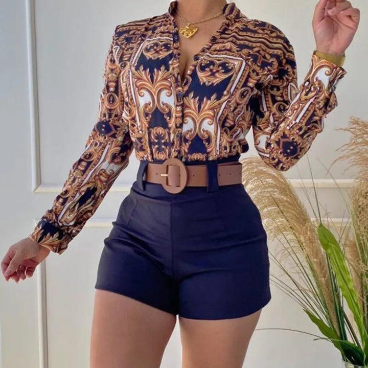 Women's Shorts Suit Summer Fashion Sexy V Neck Long Sleeve Shirts Slim Wear A Belt Elegant Female Blouse Office Two Piece Set-THAT FASHION STORE