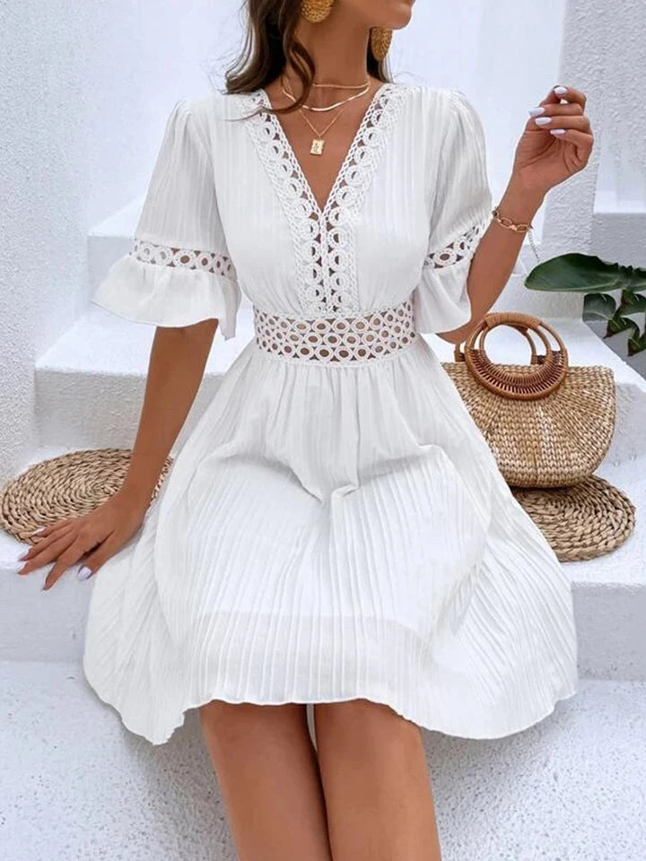 New women's fashion elegant casual V-neck woven hollow texture solid color simple waist dress - THAT FASHION STORE