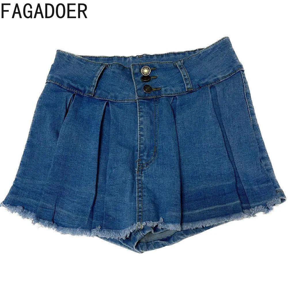 FAGADOER Fashion Y2K Cute Pleated Denim Skirts Women High Waisted Button Mini Shorts Skirts Summer New Retro Matching Bottoms-THAT FASHION STORE