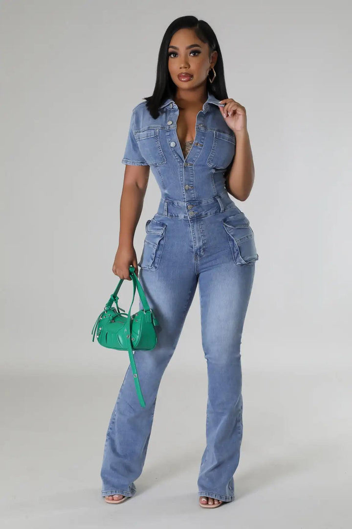 Multi Pockets Wide Leg Jeans Jumpsuit Sexy Women Turn Down Collar Elegant Denim Casual Romper Overalls-THAT FASHION STORE