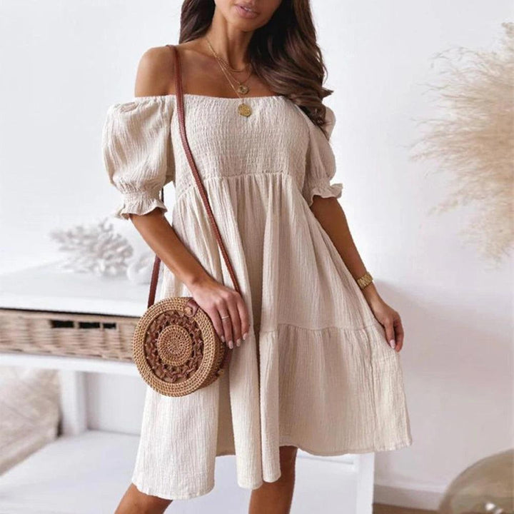 Women Sexy Dress Summer Ladies Beach Swing Off Shoulder Sundress Soild Casual Loose Pleated A-line Sun Dress-THAT FASHION STORE