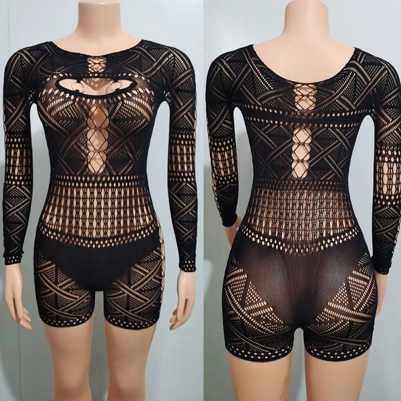 Sexy See Through Mesh Playsuit Women Rompers Long Sleeve Hollow Out Skinny Night Club Outfit One Pieces Jumpsuit Shorts Bodysuit-THAT FASHION STORE