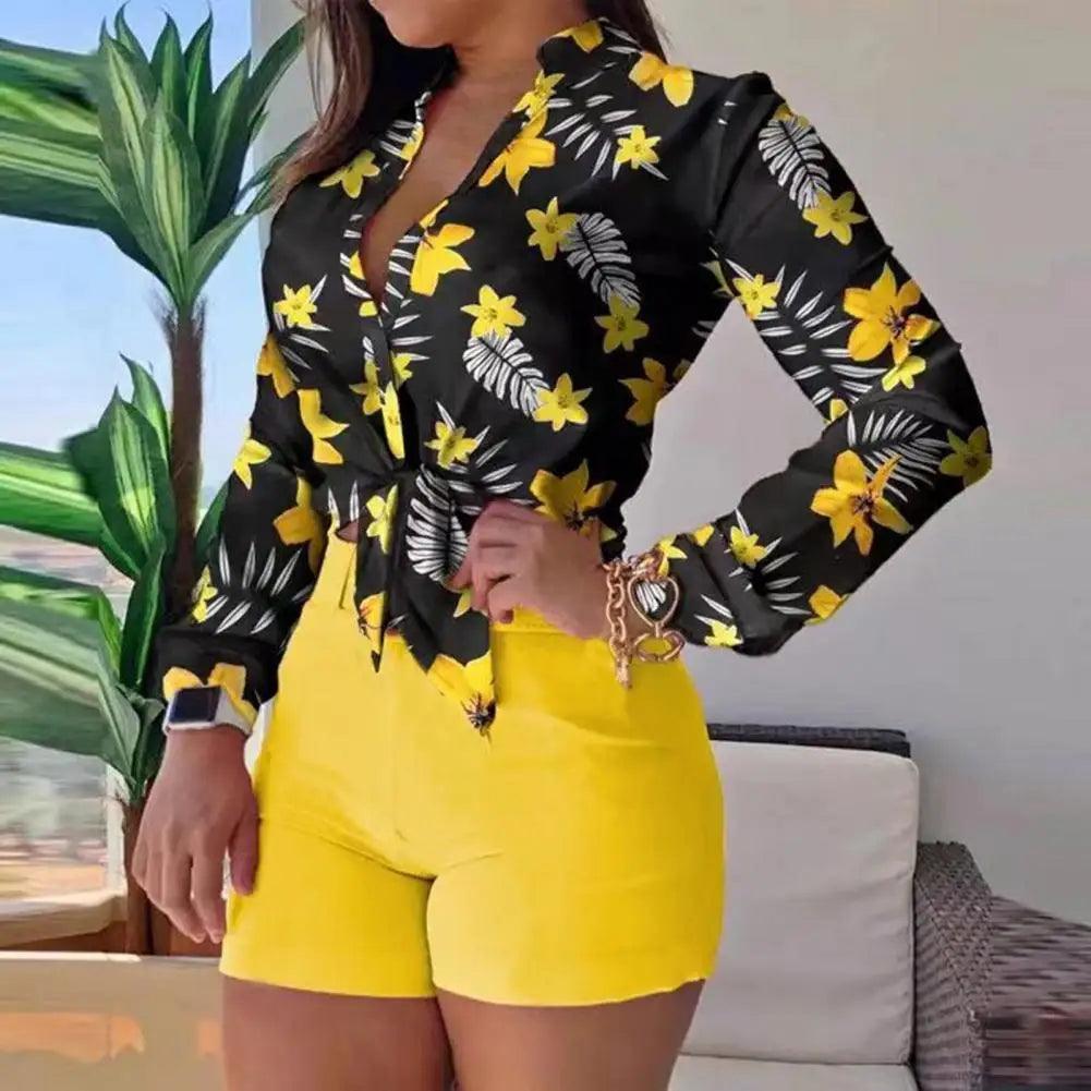 Women's Shorts Suit Summer Fashion Sexy V Neck Long Sleeve Shirts Slim Wear A Belt Elegant Female Blouse Office Two Piece Set-THAT FASHION STORE