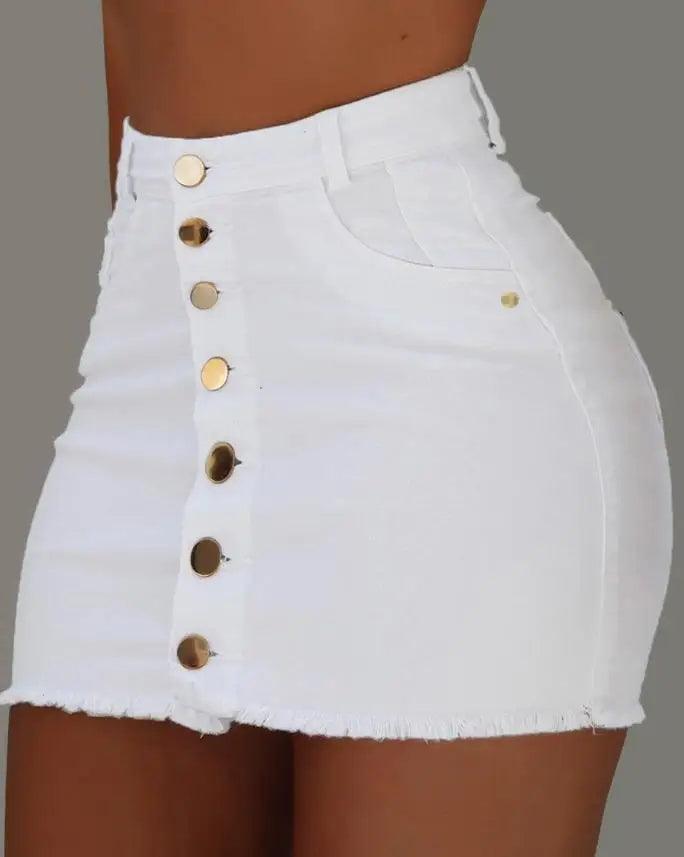 Sexy Skirt for Woman Spring Summer 2023 Plain Button Fly Raw Hem Mini Skinny Female Denim Skirt-THAT FASHION STORE