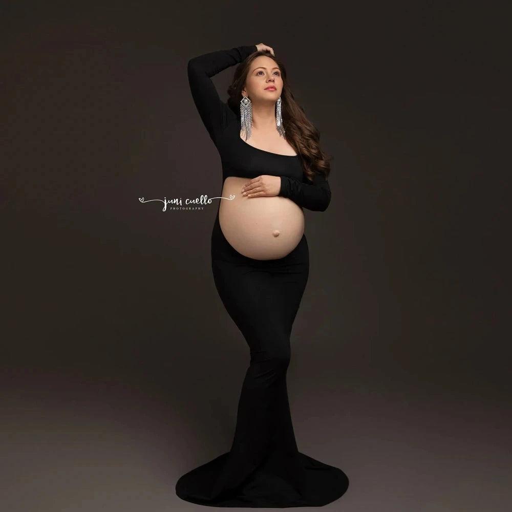 Square Neck Long Sleeve Maternity Photo Shoot Dress Backless Pregnant Woman Photography Outfit Long Dress-THAT FASHION STORE