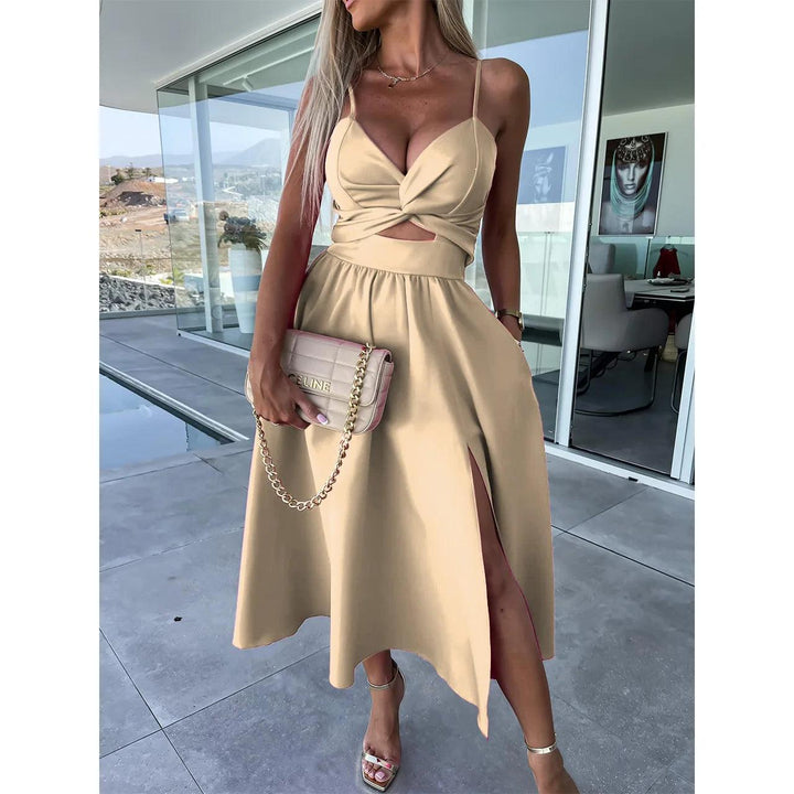 Solid Big Hem Dresses Women Sexy V-neck Backless Summer Fashion Twist Design Hollow Out Long Casual Sleeveless Sling Dress-THAT FASHION STORE