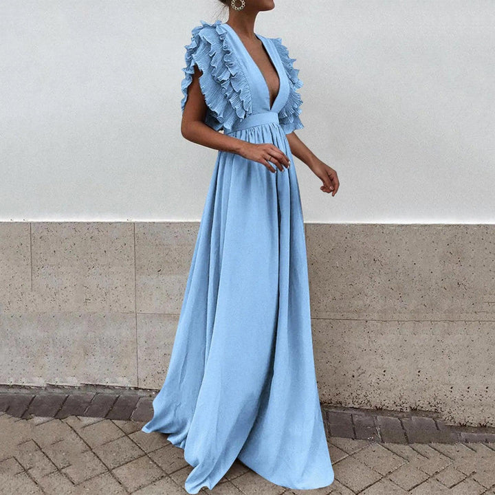 Formal Party Dress Women Sexy Deep V-Neck Long Dress Solid Color Elegant Flying Sleeves Backless Maxi Evening Dresses Robe-THAT FASHION STORE