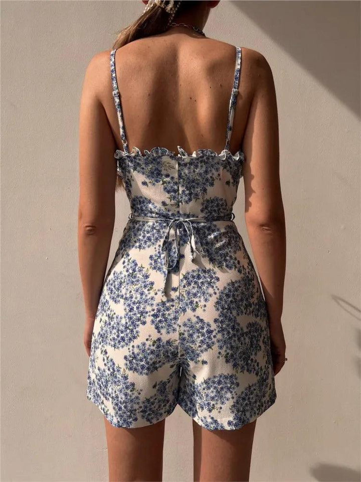 Summer Sexy V-neck Spaghetti Strap Women's Jumpsuit Fashion Floral Print Sleeveless Lace-up Playsuit Elegant Beach Jumpsuits-THAT FASHION STORE