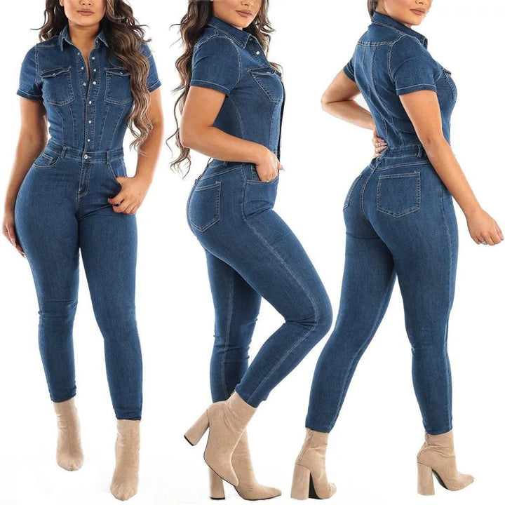 2023 Fashion Jeans Demin Jumpsuit Women Tight Fitting Short Sleeve Denim Romper Skinny Trouser Single Breasted Bodysuit Overalls-THAT FASHION STORE