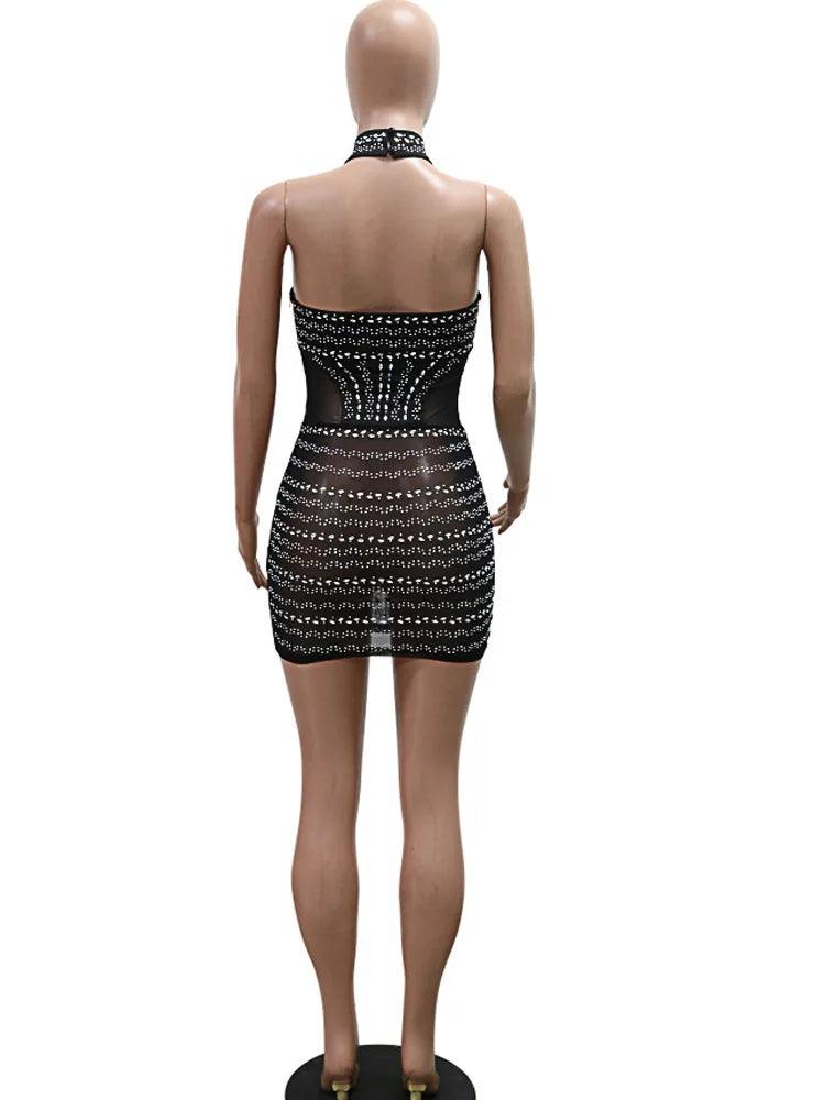 Beyprern Women Black Mesh Patchwork Crystal Sheer Bodycon Dress Ladies Glam Party Mini Dress Birthday Clubwear Skinny Outfits-THAT FASHION STORE