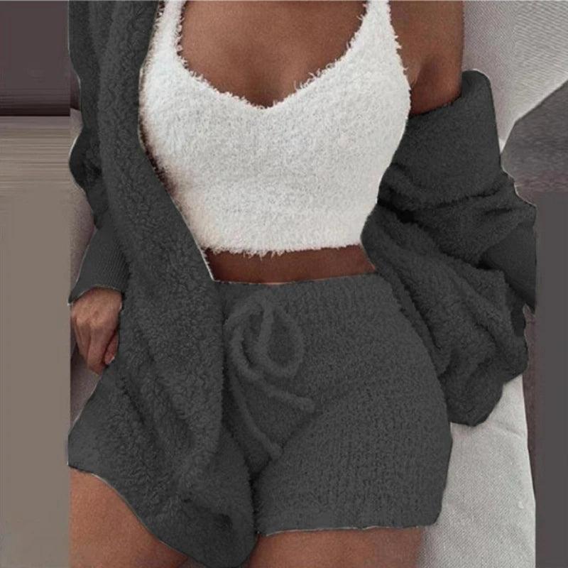 Fluffy Pajamas Set for Women Casual Sleepwear Tank Top and Shorts Plus Size Hoodie Leisure Homsuit Winter 3 Pieces Pijamas-THAT FASHION STORE