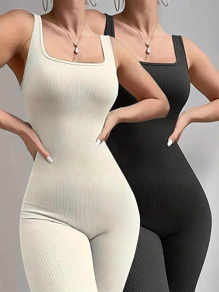 Women's 2-Piece Yoga Jumpsuit Exercise Ribbed Square Collar Sleeveless Vest Sports Jumpsuit-THAT FASHION STORE