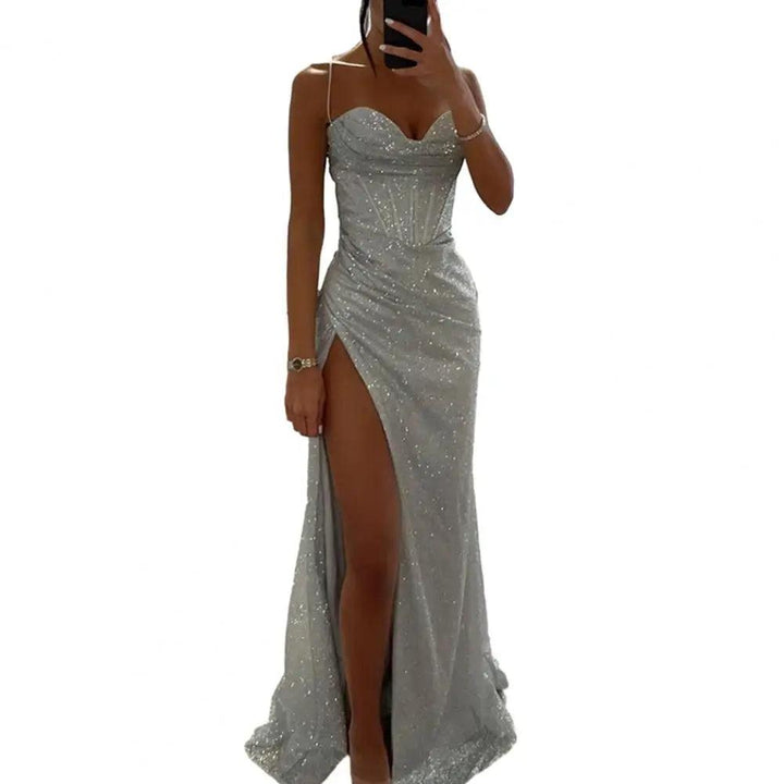 Women Evening Dress Spaghetti Strap Shiny Sequin Sleeveless Off Shoulder Dress Loose High Waist Floor Length Lady Prom Dress-THAT FASHION STORE