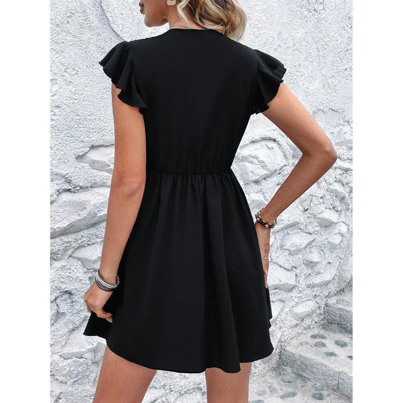 2024 Summer Elegant Women Dress V Neck Hollow Out Lace Dresses Ruffled Sleeveless Black A-line Mid Length Sexy Black Dress-THAT FASHION STORE