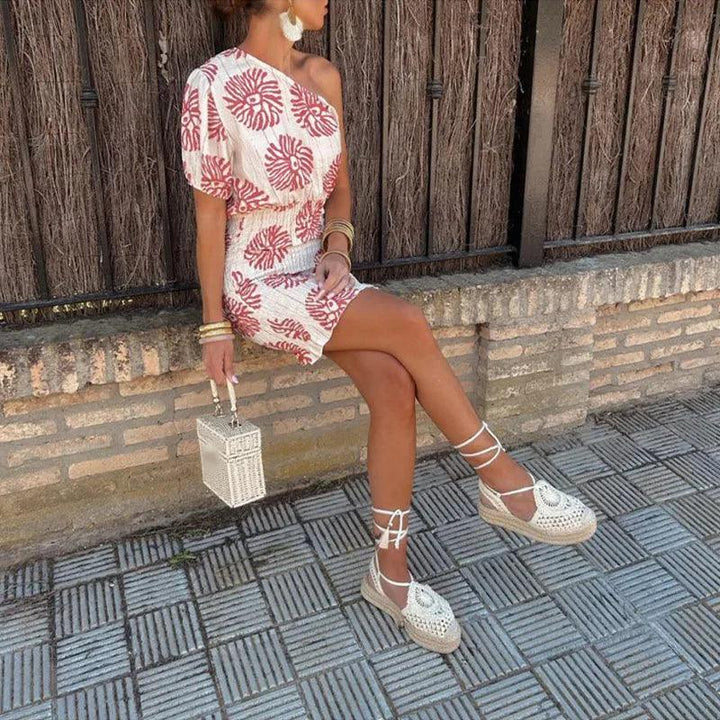 Casual Print Skew-collar Elastic Dress Women Short Sleeve High Waist Hip Package Mini Dresses 2024 Summer Holiday Chic Lady Robe-THAT FASHION STORE