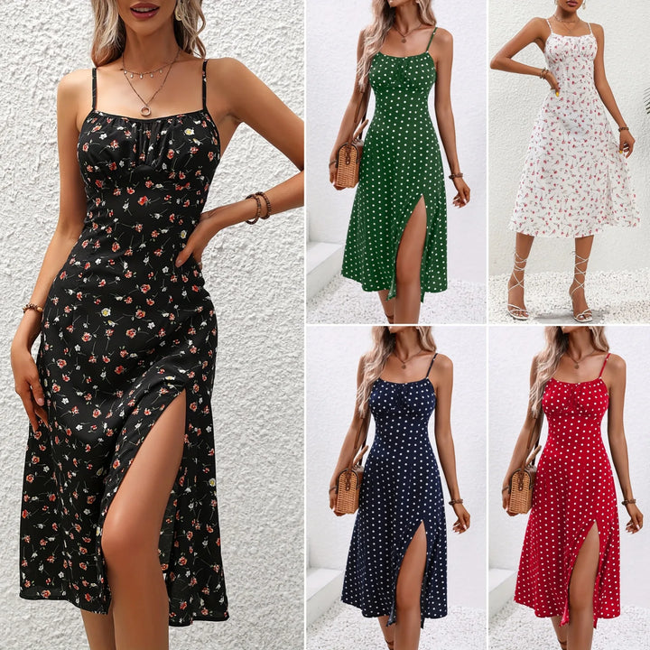 2024 Summer Sexy Spaghetti Straps Dress Women Fashion Polka Dot Print Sleeveless Slit Dress Boho Casual Beach Midi Dresses - THAT FASHION STORE