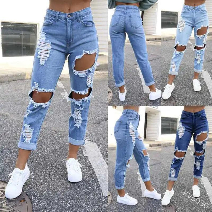 Casual Summer Ripped Hole Straight Denim Pants Y2K INS Clothes Streetwear Womens Fashion Mid Waisted Jeans-THAT FASHION STORE