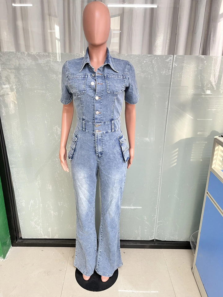 Multi Pockets Wide Leg Jeans Jumpsuit Sexy Women Turn Down Collar Elegant Denim Casual Romper Overalls-THAT FASHION STORE