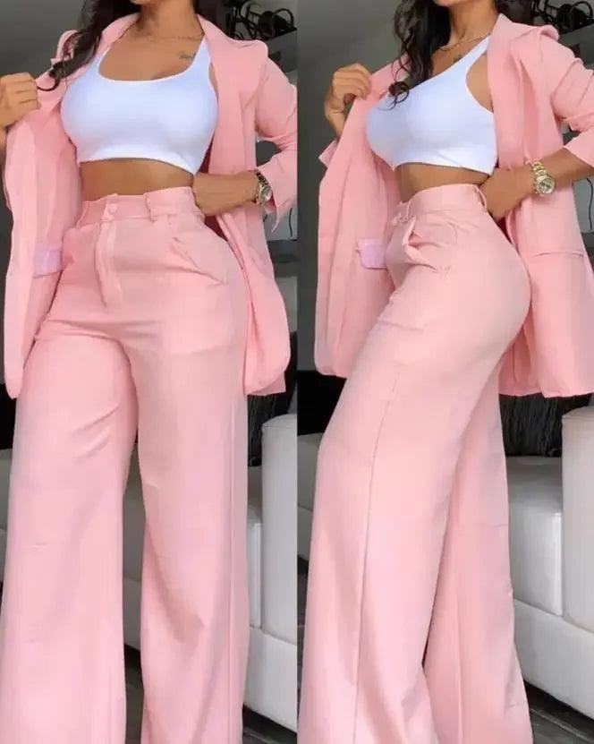 Two Piece Set Women Outfit 2024 Autumn Fashion Notched Collar Long Sleeve Blazer Coat & Elegant Pocket Design Work Pants Set-THAT FASHION STORE