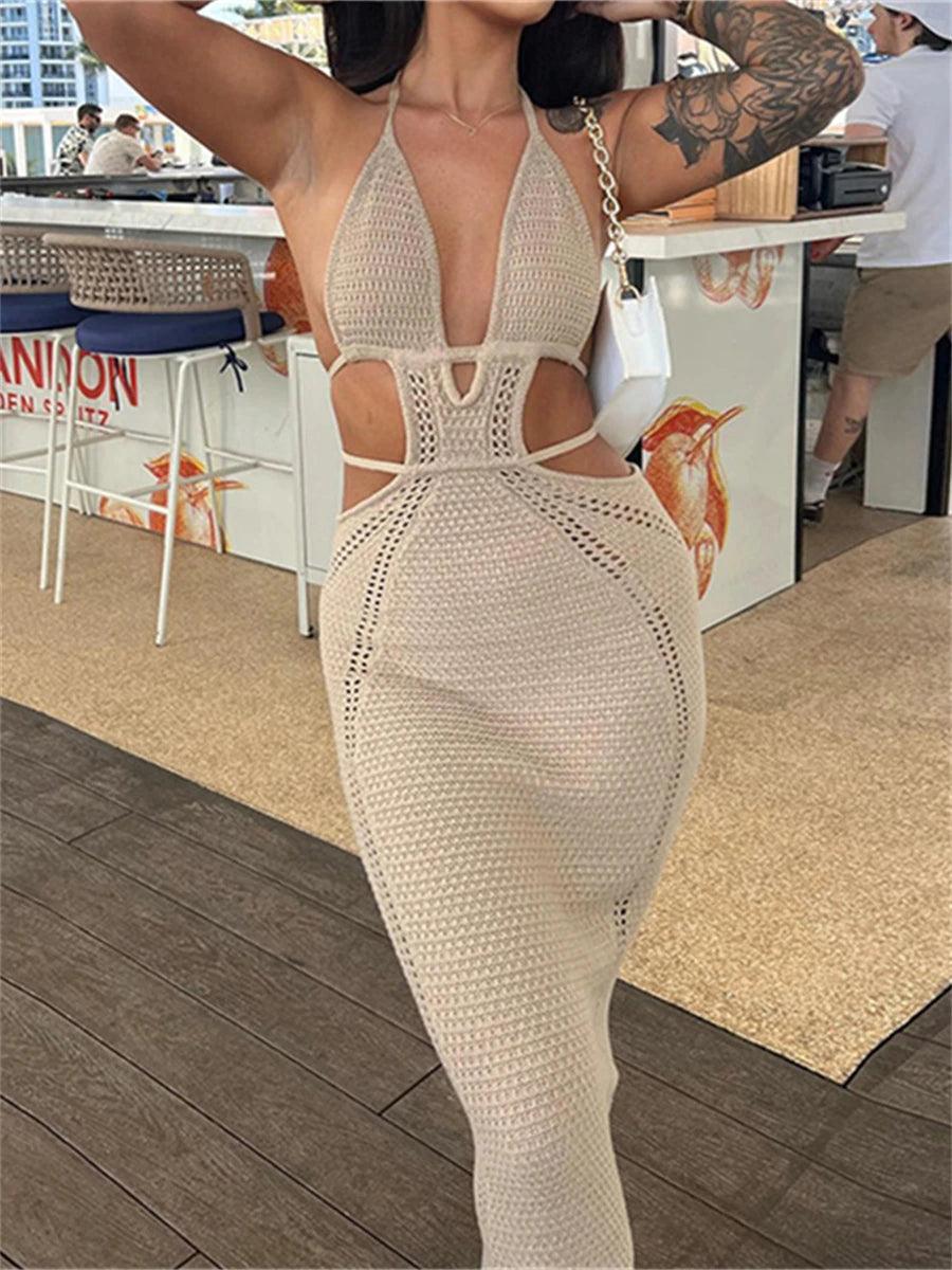 wsevypo Women Halter Tie-up Knit Crochet Beach Dress Sexy Backless Sleeveless Deep V Cutout Waist Wrapped Bodycon Dress Clubwear-THAT FASHION STORE