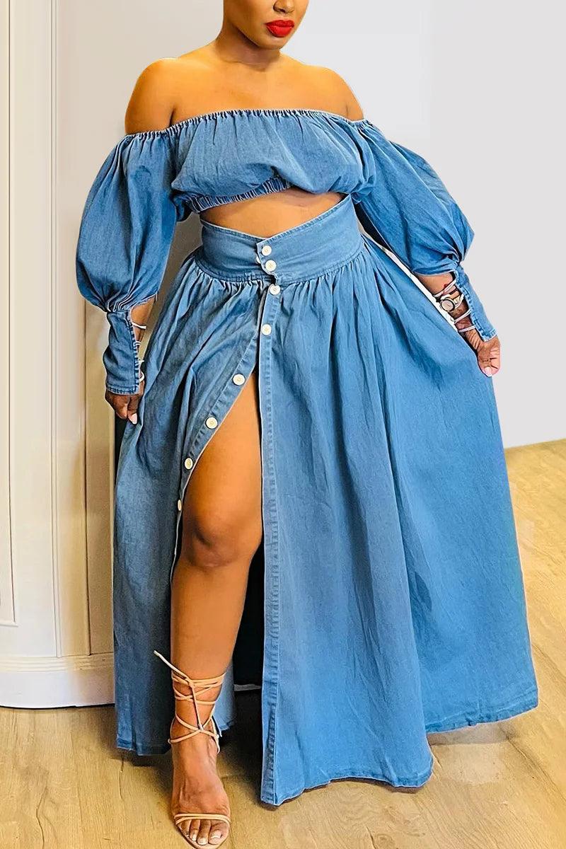 Plus Size Women's Casual Off The Shoulder Split Button Two Pieces Demin Skirt Set Lantern Sleeve Vintage Crop Top Matching Set-THAT FASHION STORE