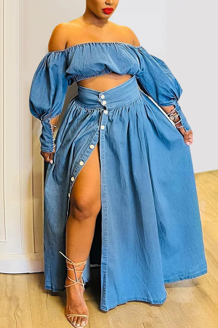 Plus Size Women's Casual Off The Shoulder Split Button Two Pieces Demin Skirt Set Lantern Sleeve Vintage Crop Top Matching Set-THAT FASHION STORE