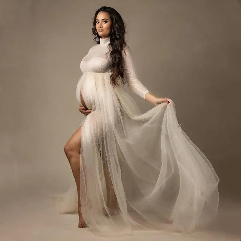 High Neck Stretchy Mesh Maternity Photography Tulle Dress Full Sleeve See Through Pregnancy Mesh Maxi Dress For Photoshoot-THAT FASHION STORE