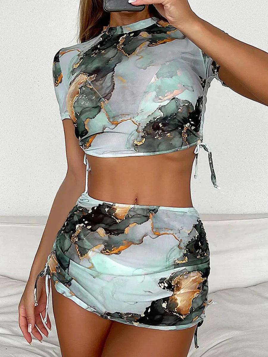 4 Pieces Halter Bikini Swimsuit With Marble Print Cover Up 2023 Swimwear Female Beachwear Bathing Swimming Suit Women Summer-THAT FASHION STORE