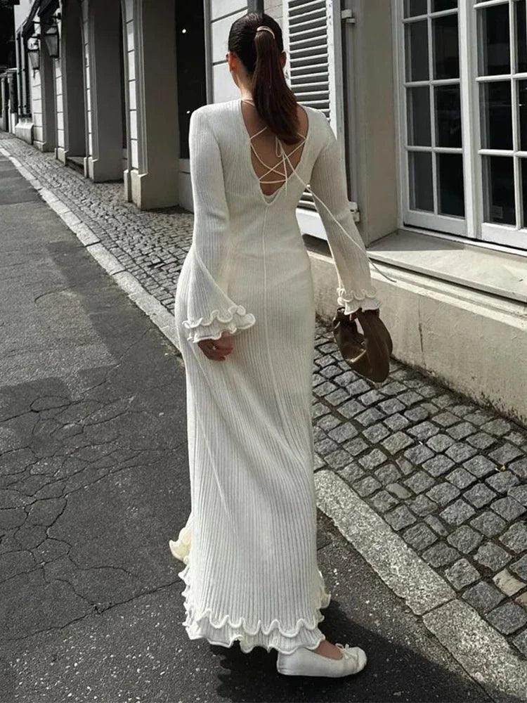 Elegant Flared Long Sleeve Round Neck Maxi Dress Women Back Lace Up Fishtail Slim Dresses Summer Fashion Lady Casual Streetwear-THAT FASHION STORE