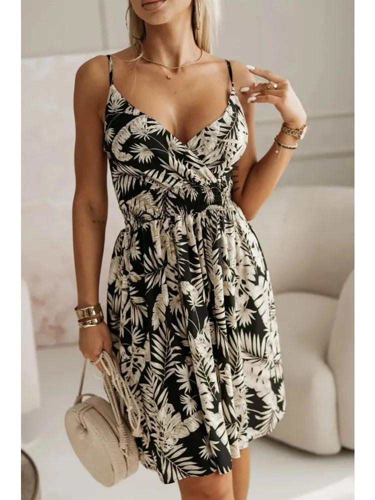 New Fashion Women's Summer Wrap Pleated Dresses Ladies Floral Print Sexy Spaghetti Strap Sling DressBeach Dress A Line Sundress-THAT FASHION STORE