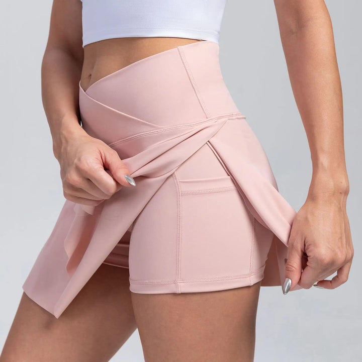 VITALINOVO Women's High Waisted Crossover Tennis Skirts Tummy Control Pleated Golf Skorts Skirts for Women with Shorts Pockets-THAT FASHION STORE