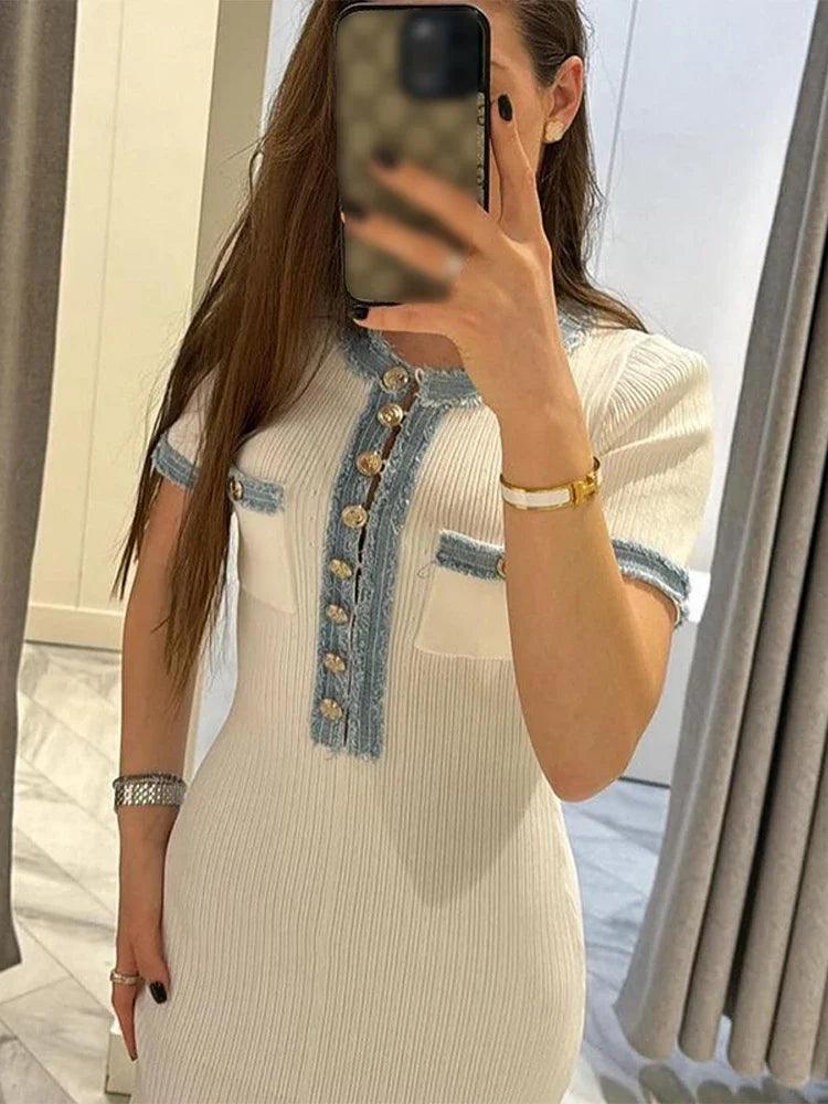 Elegant V Neck Denim Patchwork Knitted Long Dress Women Fashion Short Sleeved Buttons Bodycon Dresses Office Lady Pockets Robes-THAT FASHION STORE